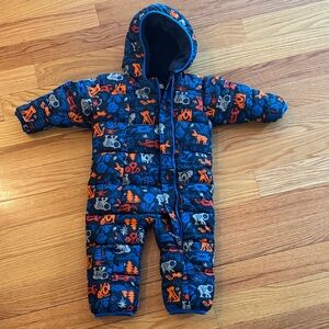 Columbia 12-18 month Navy Blue and Orange Printed Hooded Snowsuit